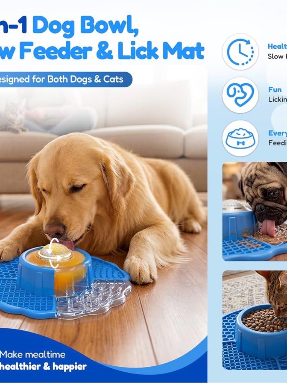 Slow Feeder & Lick Mat Dog Bowl - Blue by